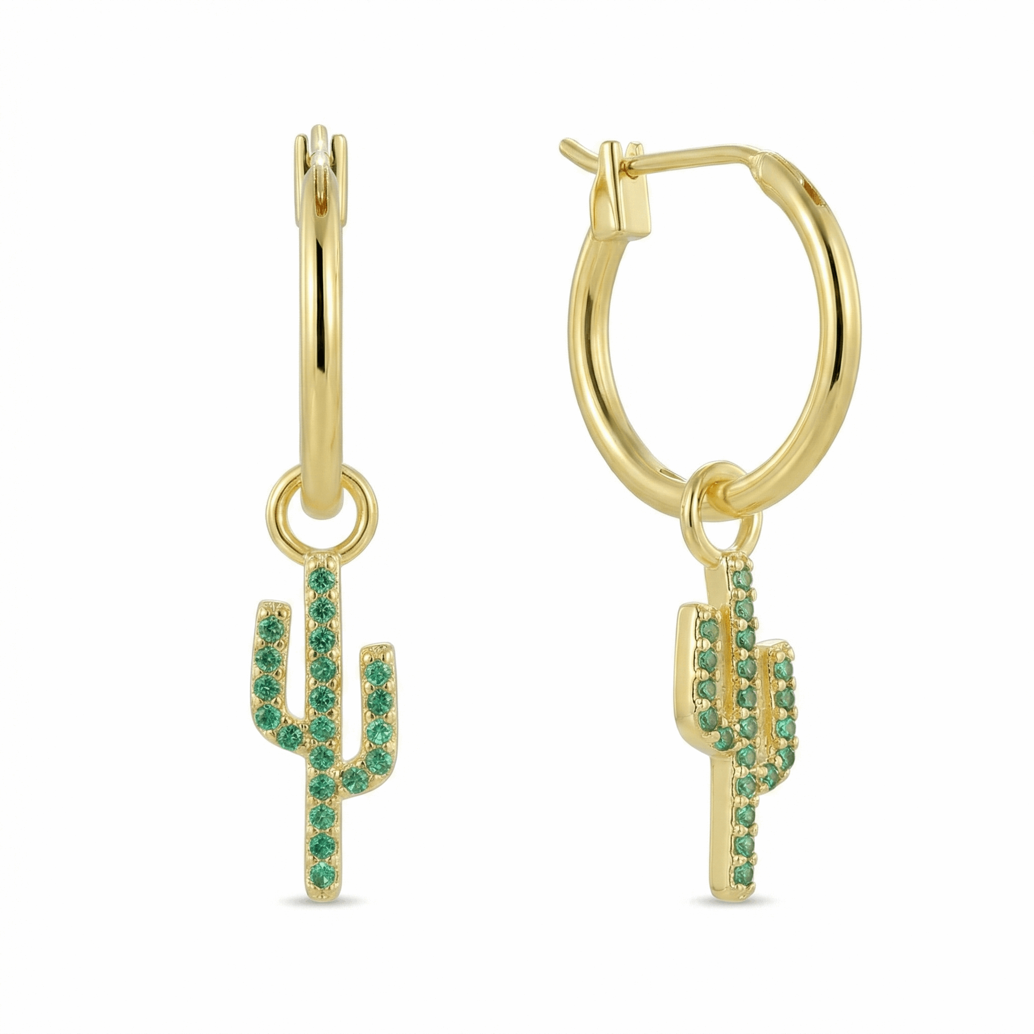 Créoles dorées or 18k avec pendentif cactus pavé de zircons verts